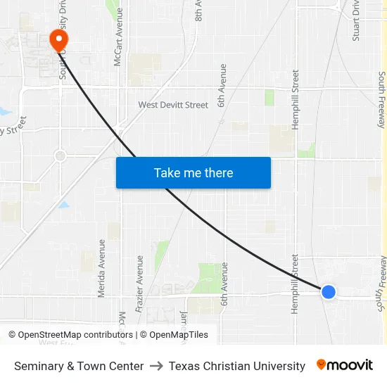 Seminary & Town Center to Texas Christian University map