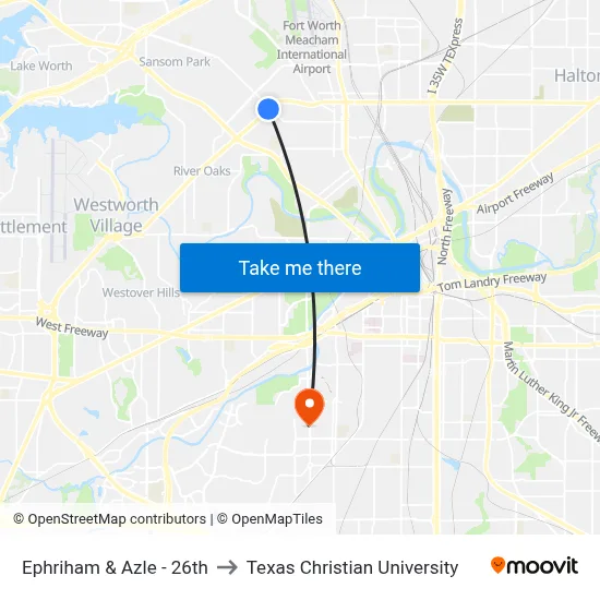 Ephriham & Azle - 26th to Texas Christian University map