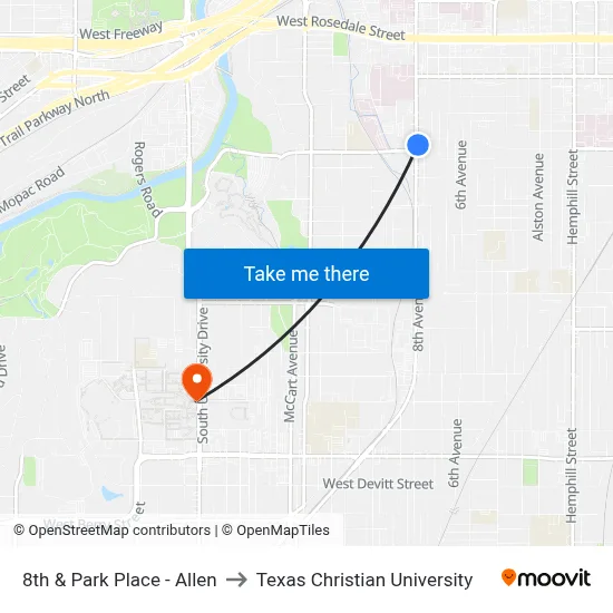 8th & Park Place - Allen to Texas Christian University map