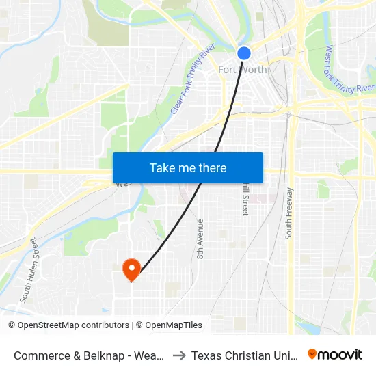 Commerce & Belknap - Weatherford to Texas Christian University map