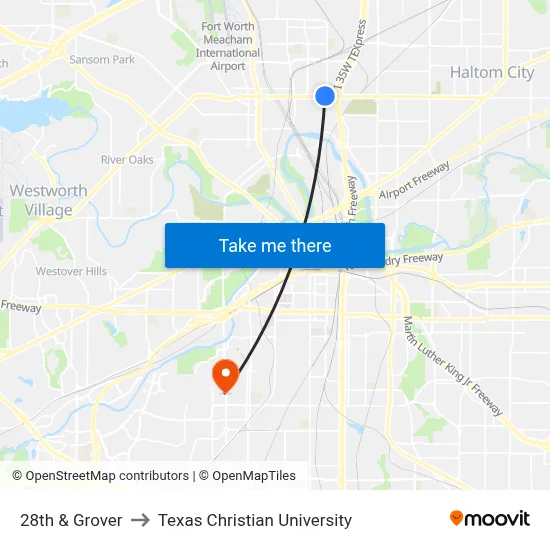 28th & Grover to Texas Christian University map