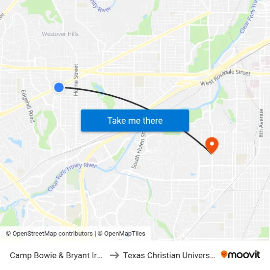 Camp Bowie & Bryant Irvin to Texas Christian University map