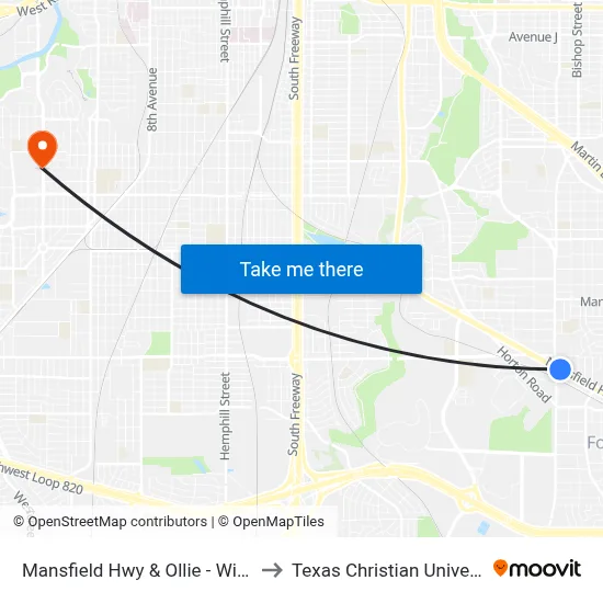 Mansfield Hwy & Ollie - Wichita to Texas Christian University map