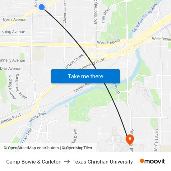 Camp Bowie & Carleton to Texas Christian University map