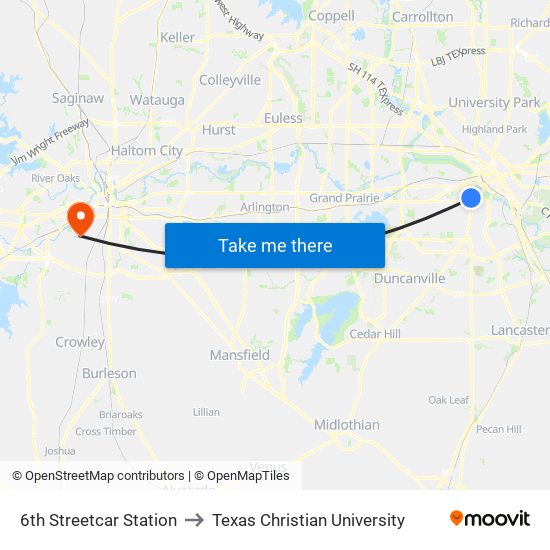 6th Streetcar Station to Texas Christian University map