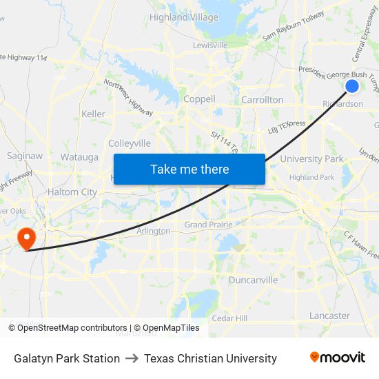 Galatyn Park Station to Texas Christian University map