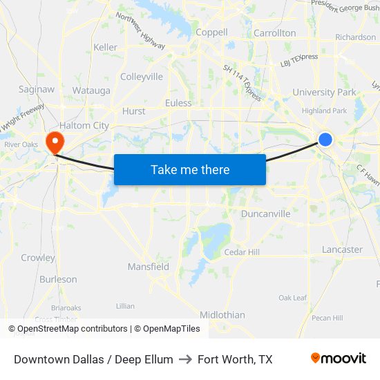 Downtown Dallas / Deep Ellum to Fort Worth, TX map