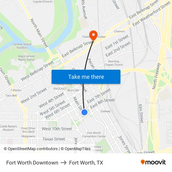 Fort Worth Downtown to Fort Worth, TX map