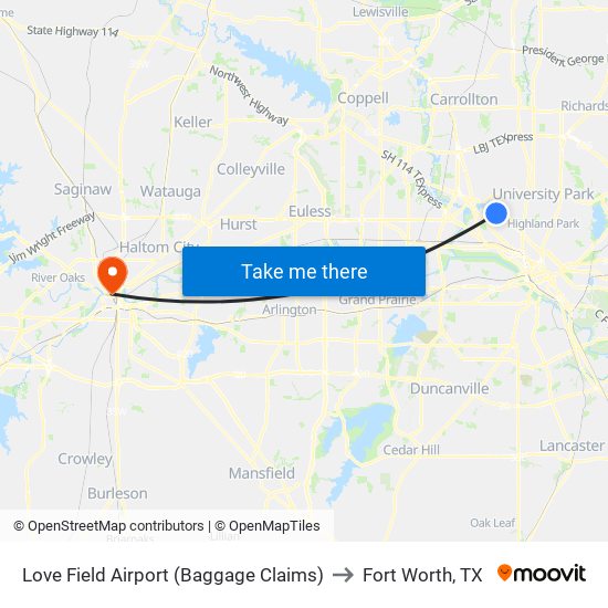 Love Field Airport (Baggage Claims) to Fort Worth, TX map