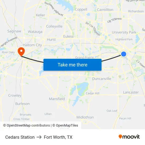 Cedars Station to Fort Worth, TX map