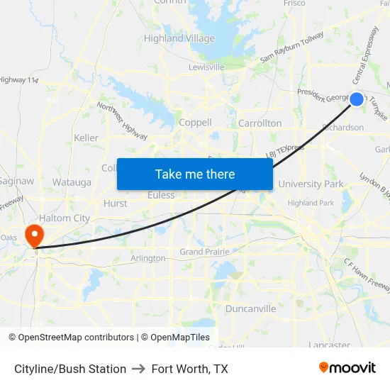 Cityline/Bush Station to Fort Worth, TX map