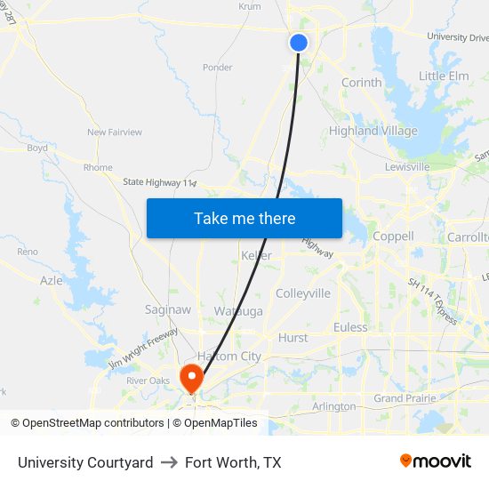 University Courtyard to Fort Worth, TX map