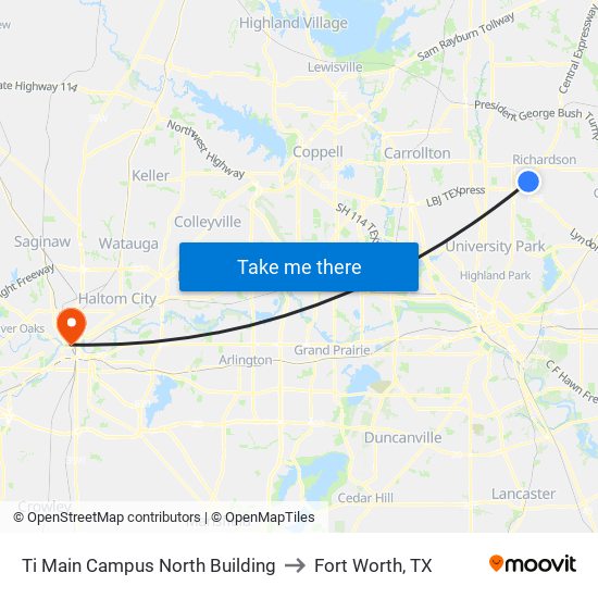 Ti Main Campus North Building to Fort Worth, TX map