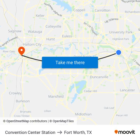 Convention Center Station to Fort Worth, TX map