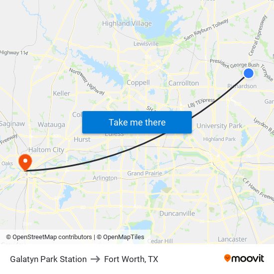 Galatyn Park Station to Fort Worth, TX map