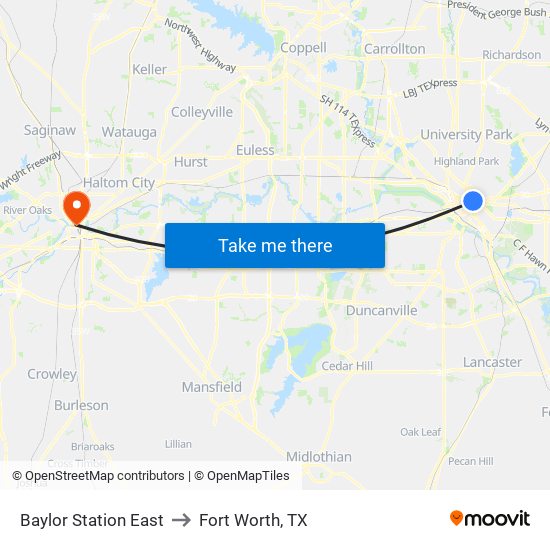 Baylor Station East to Fort Worth, TX map