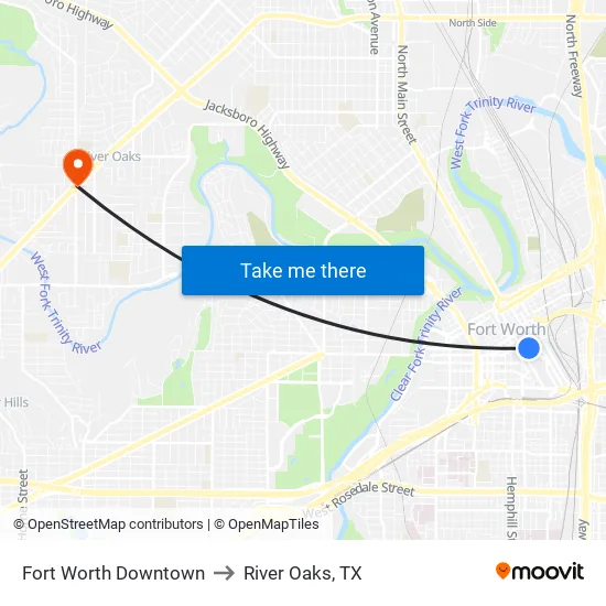 Fort Worth Downtown to River Oaks, TX map