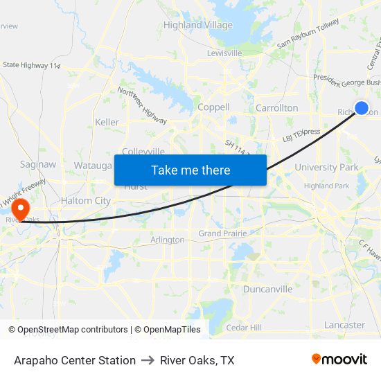 Arapaho Center Station to River Oaks, TX map