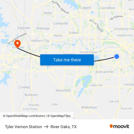 Tyler Vernon Station to River Oaks, TX map