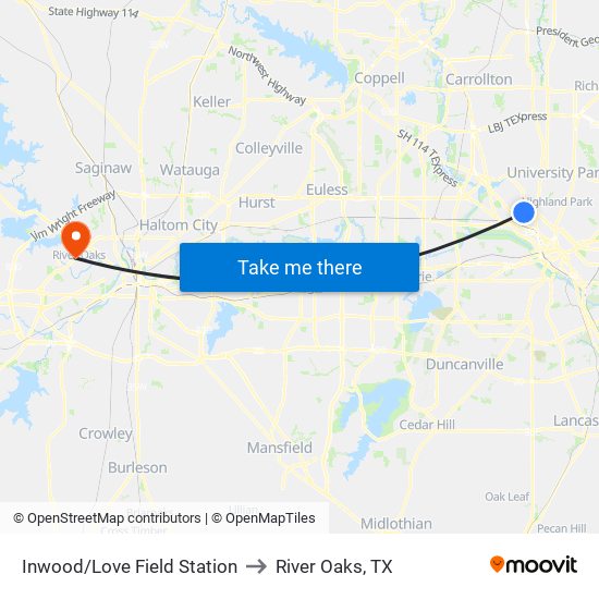 Inwood/Love Field Station to River Oaks, TX map