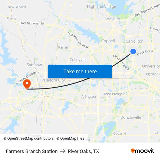 Farmers Branch Station to River Oaks, TX map