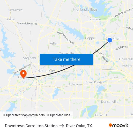 Downtown Carrollton Station to River Oaks, TX map