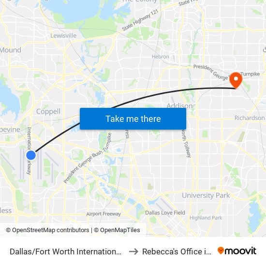 Dallas/Fort Worth International Airport to Rebecca's Office in OGS map