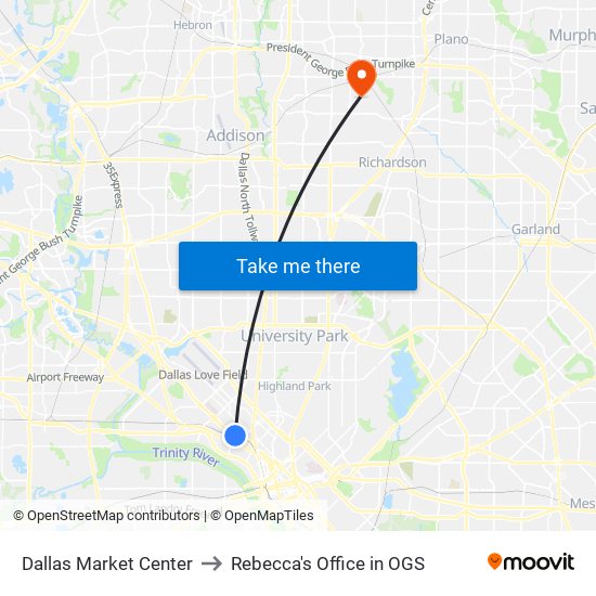 Dallas Market Center to Rebecca's Office in OGS map