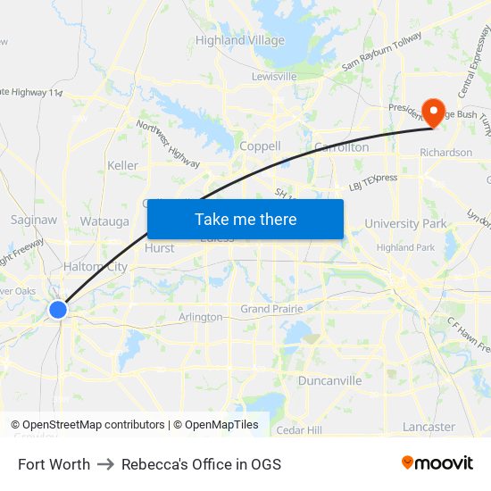 Fort Worth to Rebecca's Office in OGS map