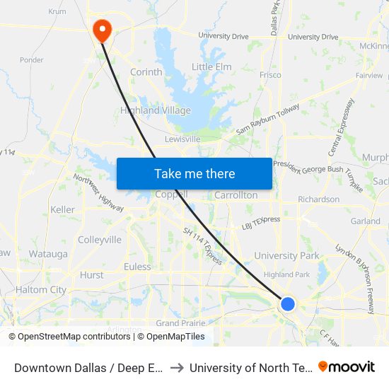 Downtown Dallas / Deep Ellum to University of North Texas map