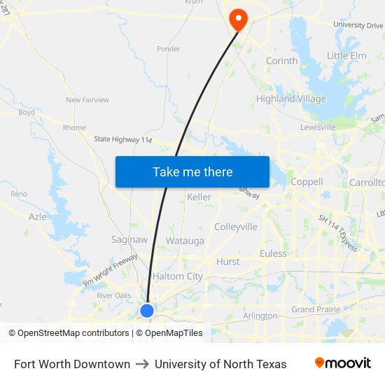 Fort Worth Downtown to University of North Texas map
