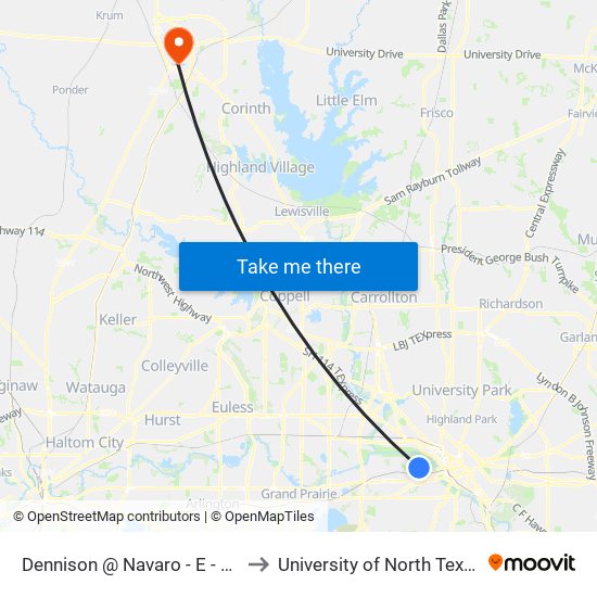 Dennison @ Navaro - E - Ns to University of North Texas map