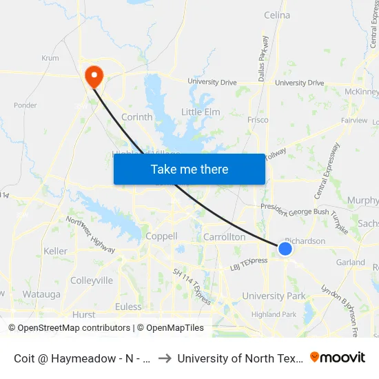 Coit @ Haymeadow - N - Ns to University of North Texas map