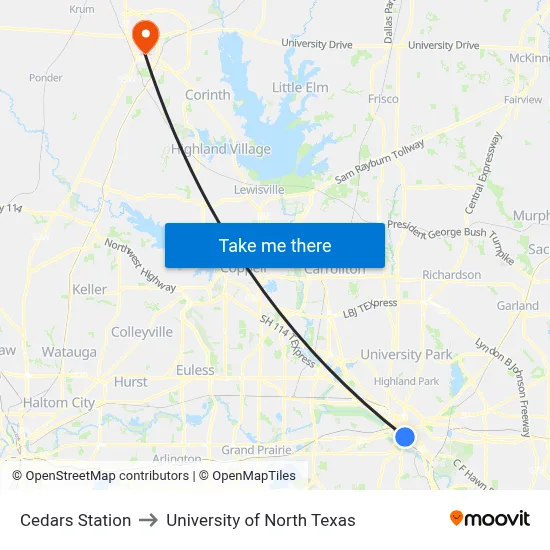 Cedars Station to University of North Texas map
