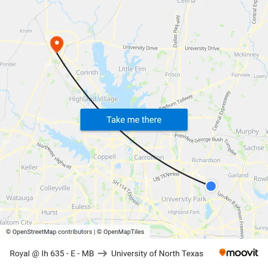 Royal @ Ih 635 - E - MB to University of North Texas map