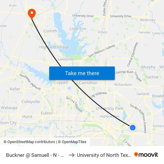 Buckner @ Samuell - N - MB to University of North Texas map