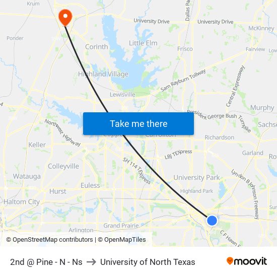 2nd @ Pine - N - Ns to University of North Texas map