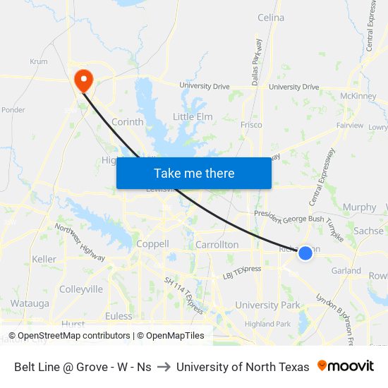 Belt Line @ Grove - W - Ns to University of North Texas map