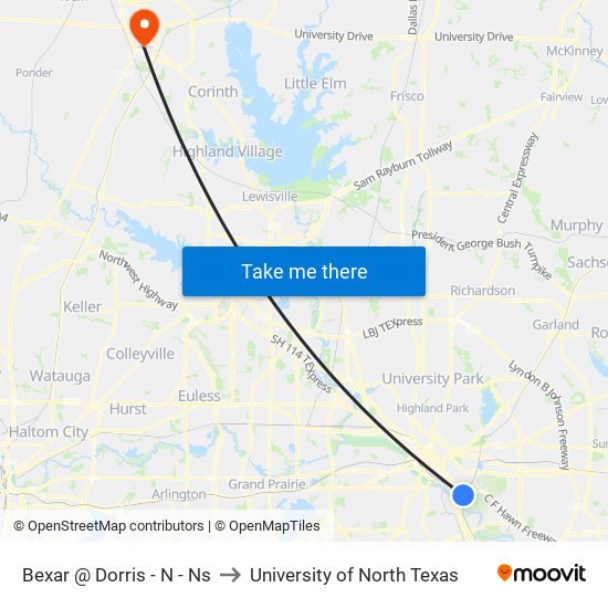 Bexar @ Dorris - N - Ns to University of North Texas map