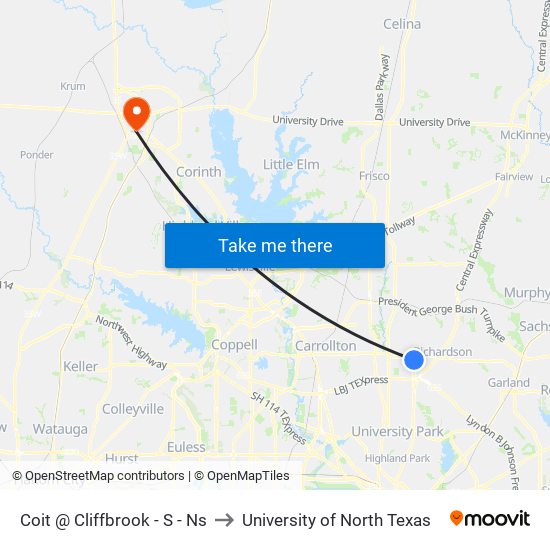 Coit @ Cliffbrook - S - Ns to University of North Texas map