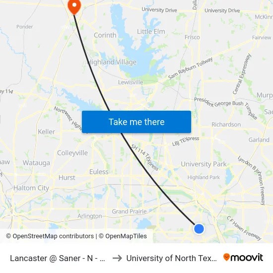 Lancaster @ Saner - N - Ns to University of North Texas map