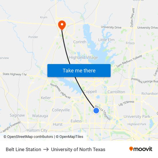 Belt Line Station to University of North Texas map