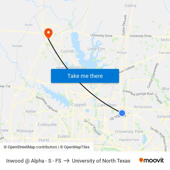 Inwood @ Alpha - S - FS to University of North Texas map