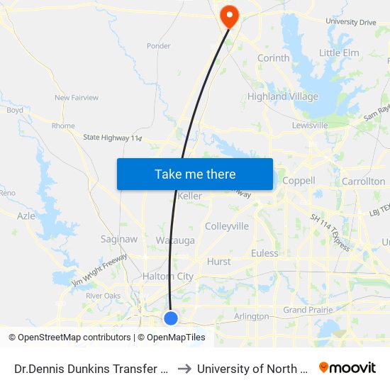 Dr.Dennis Dunkins Transfer Center to University of North Texas map