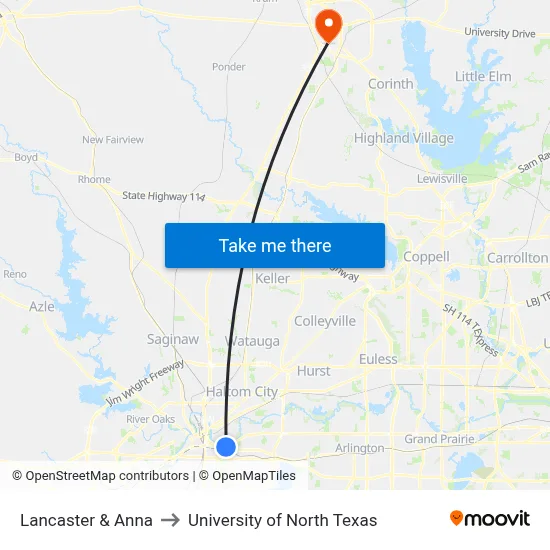 Lancaster & Anna to University of North Texas map