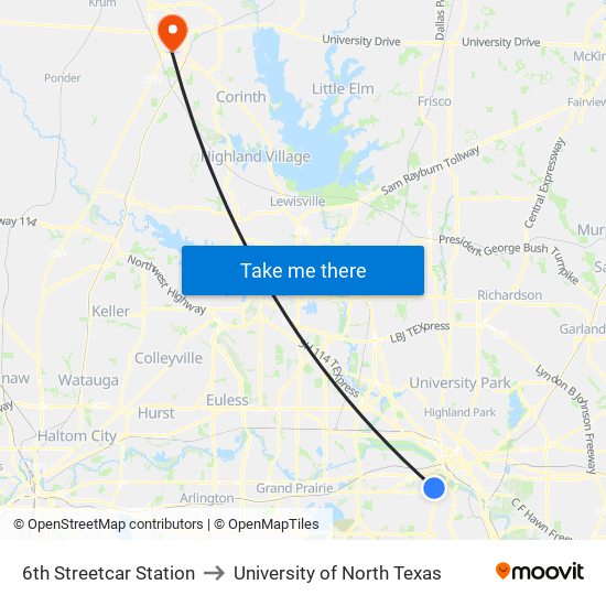 6th Streetcar Station to University of North Texas map