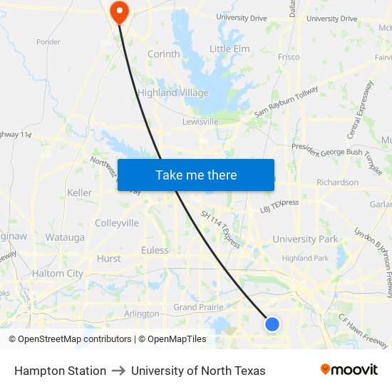 Hampton Station to University of North Texas map