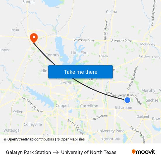 Galatyn Park Station to University of North Texas map