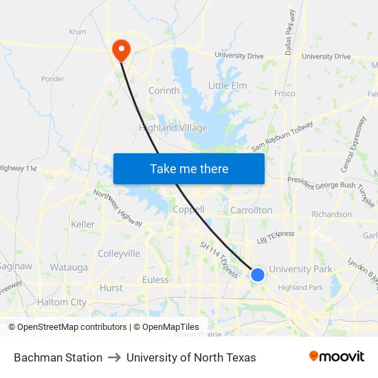 Bachman Station to University of North Texas map