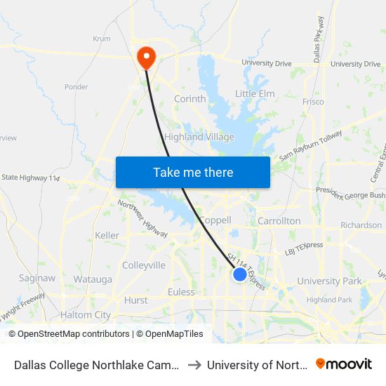 Dallas College Northlake Campus  Station to University of North Texas map